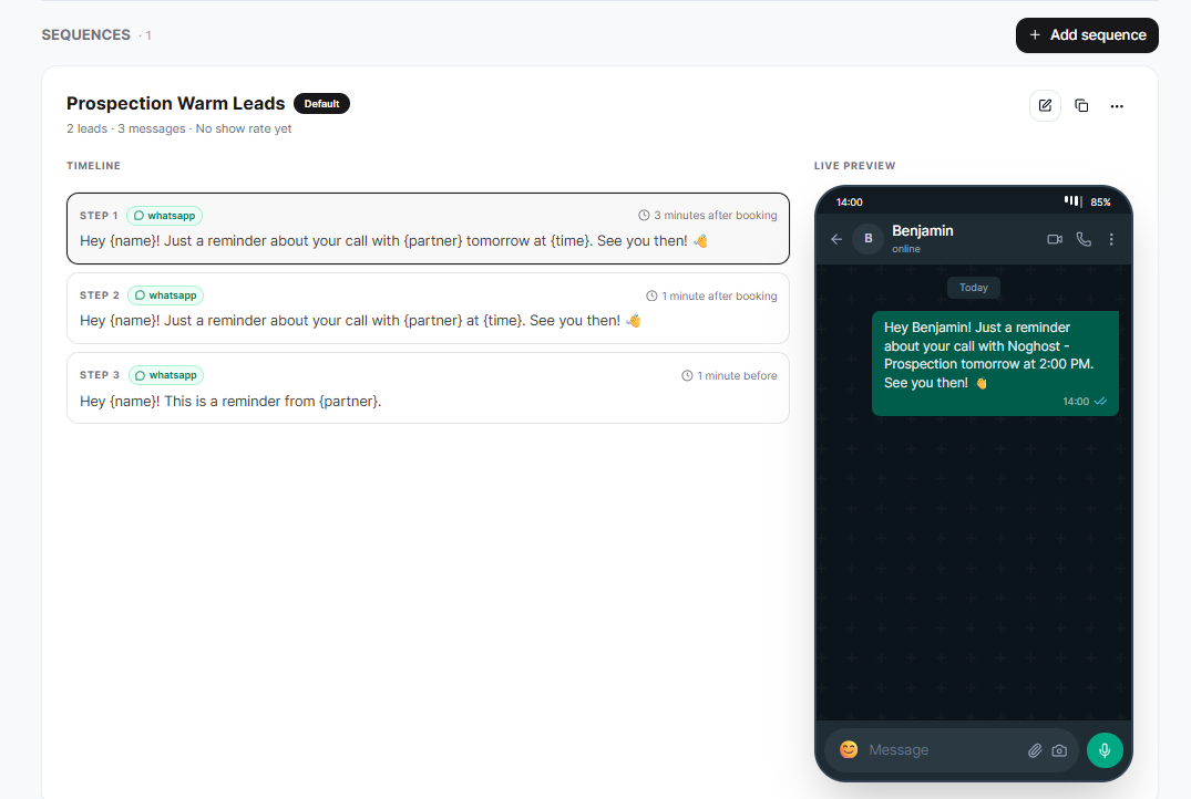 The NoGhost sequence builder: WhatsApp steps scheduled around the call, with a preview of the message as the prospect receives it